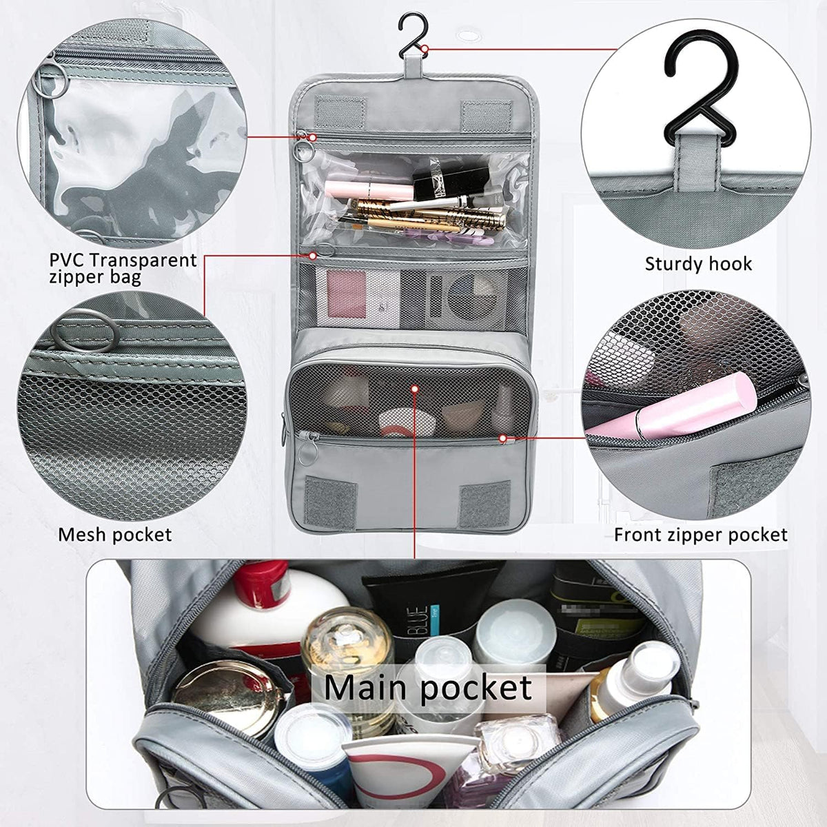 Travel Hanging Toiletry Bag Cosmetic Bag Makeup Organizers for Men & Women with Sturdy Hook (Blue flower)