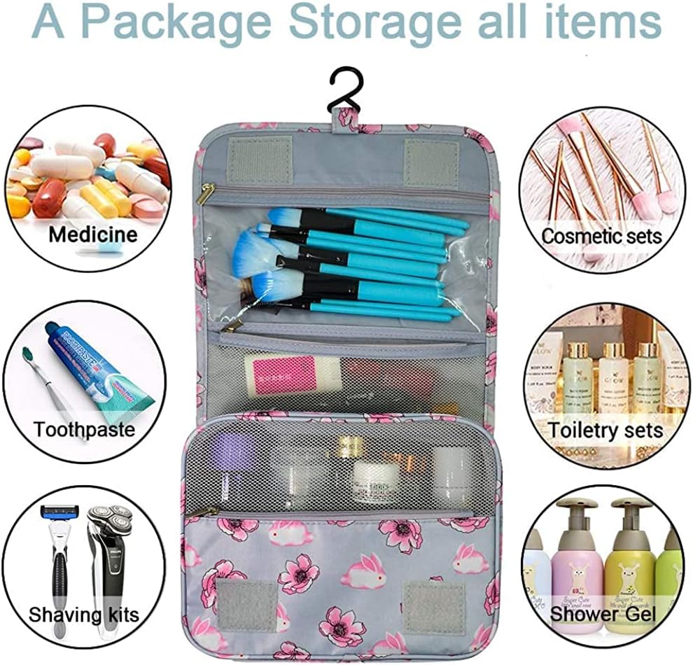 Travel Hanging Toiletry Bag Cosmetic Bag Makeup Organizers for Men & Women with Sturdy Hook (Blue flower)