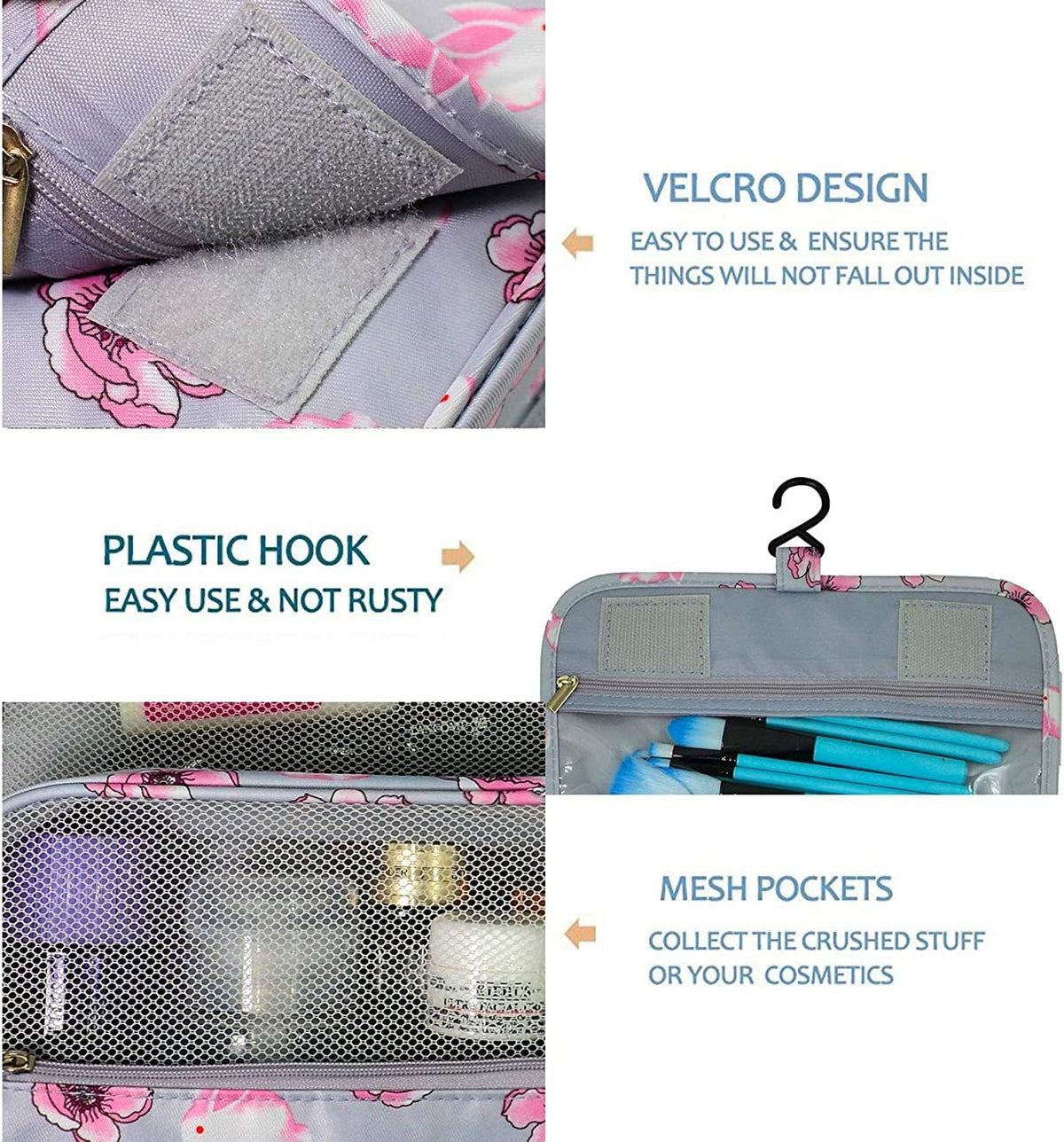 Travel Hanging Toiletry Bag Cosmetic Bag Makeup Organizers for Men & Women with Sturdy Hook (Blue flower)