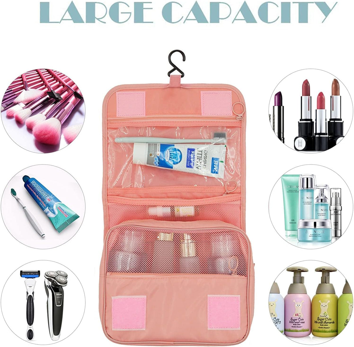 Travel Hanging Toiletry Bag Cosmetic Bag Makeup Organizers for Men & Women with Sturdy Hook (Blue flower)