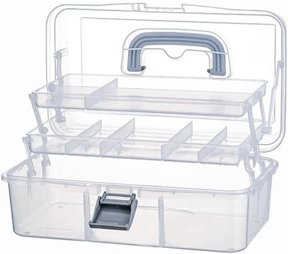 2-Tier Trays Clear Gray Plastic Storage Container Organizer Box, Multipurpose Portable Carrying Case with Latch Lock and Handle for Art, Craft, Sewing Supplies, First Aid, Makeup
