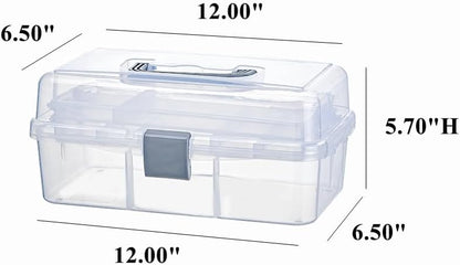 2-Tier Trays Clear Gray Plastic Storage Container Organizer Box, Multipurpose Portable Carrying Case with Latch Lock and Handle for Art, Craft, Sewing Supplies, First Aid, Makeup