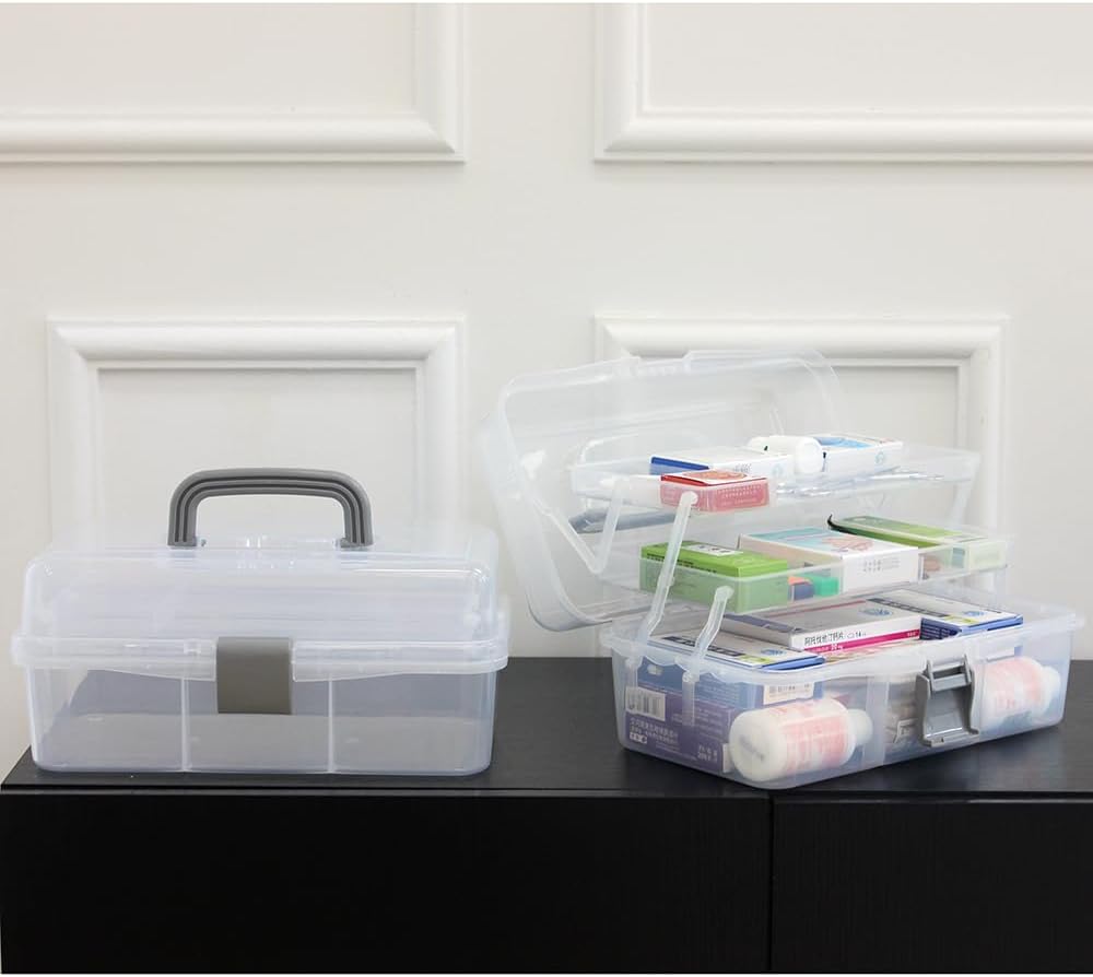 2-Tier Trays Clear Gray Plastic Storage Container Organizer Box, Multipurpose Portable Carrying Case with Latch Lock and Handle for Art, Craft, Sewing Supplies, First Aid, Makeup