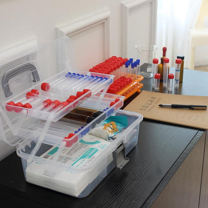 2-Tier Trays Clear Gray Plastic Storage Container Organizer Box, Multipurpose Portable Carrying Case with Latch Lock and Handle for Art, Craft, Sewing Supplies, First Aid, Makeup