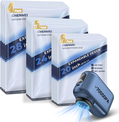 Vacuum Storage Bags for Travel with -70KPA Rechargeable Pump, 15 Pack Vacuum Seal Bags for Clothing, Space Saver Compression Bags for Luggage & Suitcase, Save 90% Space