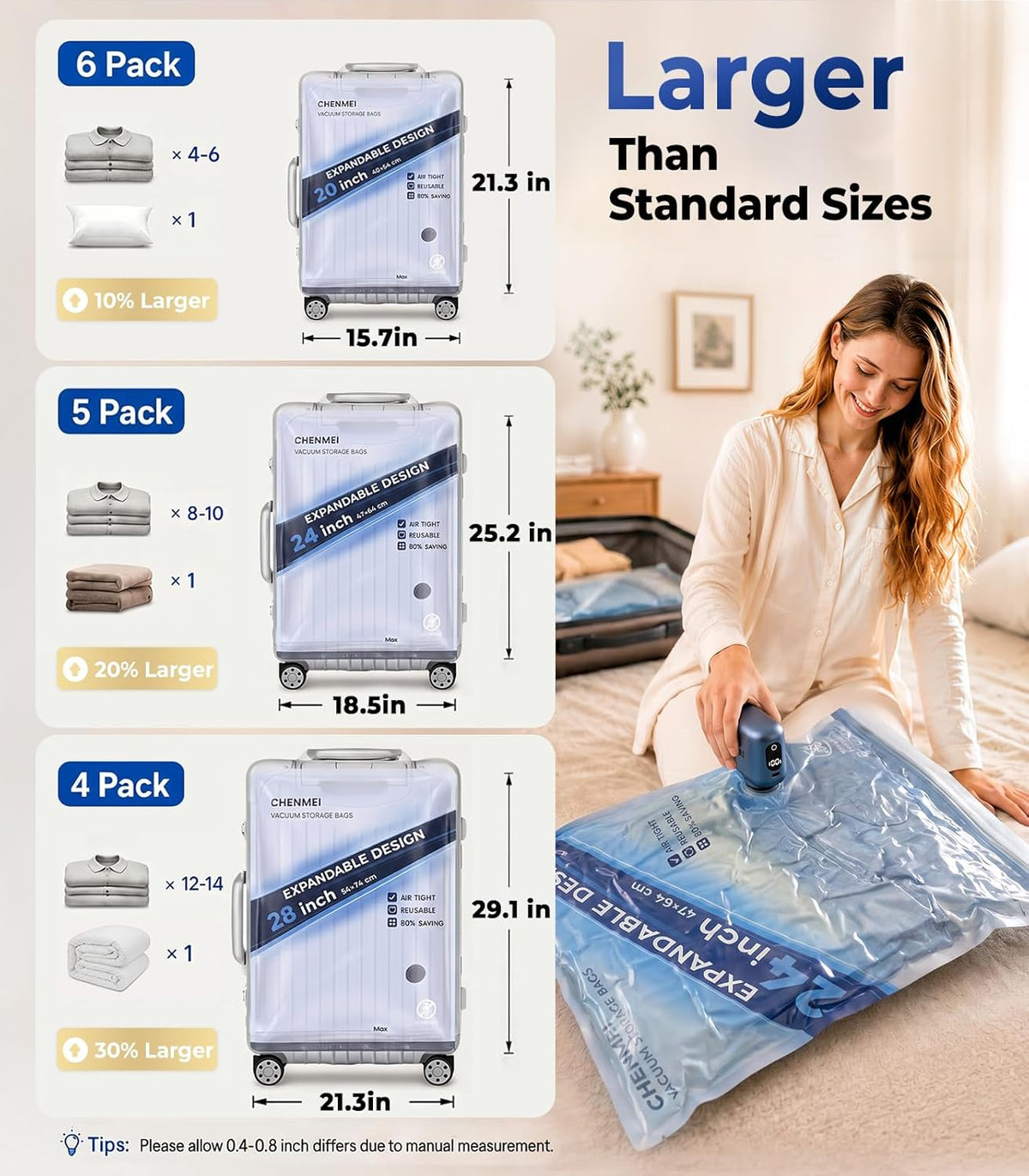Vacuum Storage Bags for Travel with -70KPA Rechargeable Pump, 15 Pack Vacuum Seal Bags for Clothing, Space Saver Compression Bags for Luggage & Suitcase, Save 90% Space