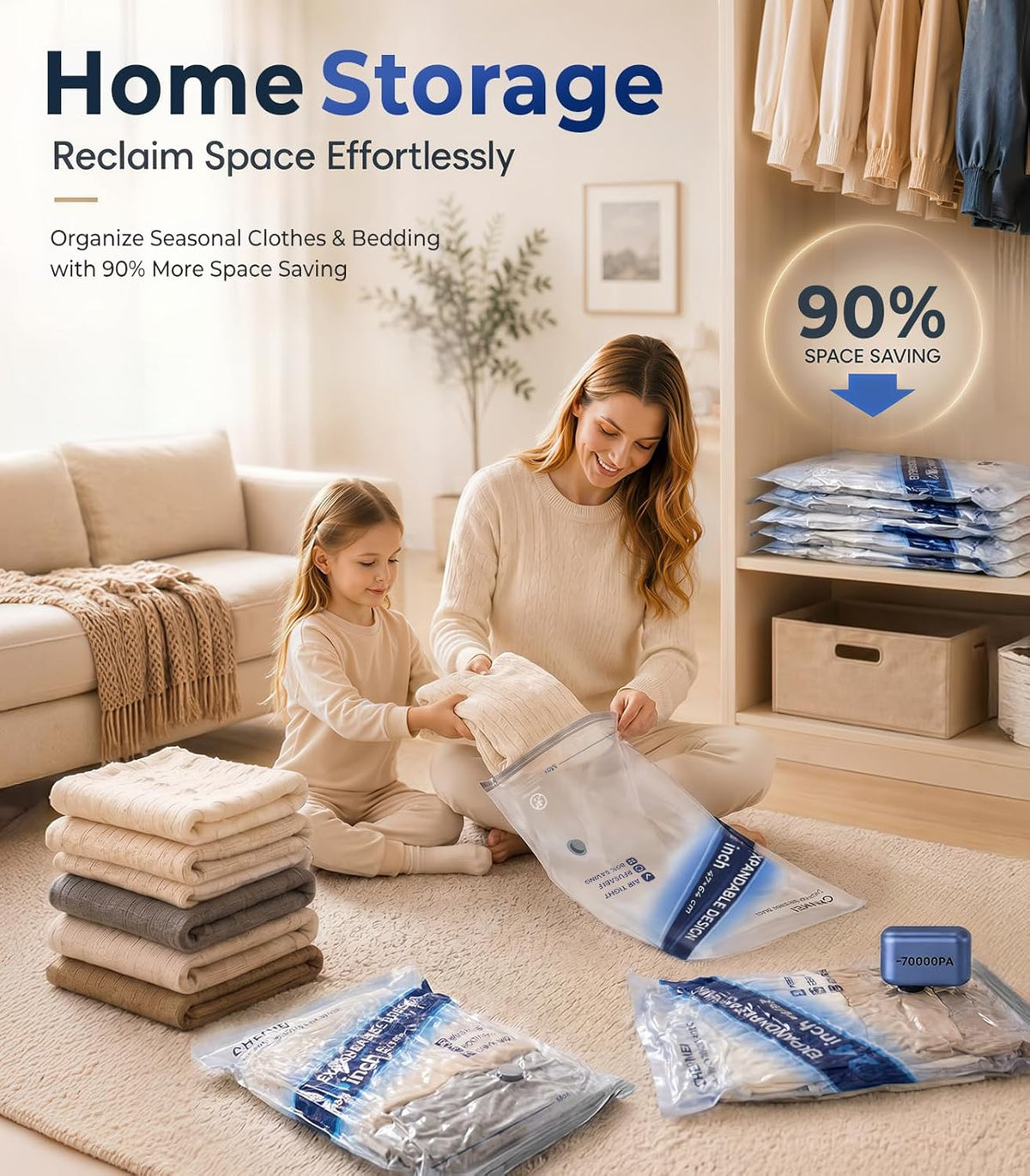 Vacuum Storage Bags for Travel with -70KPA Rechargeable Pump, 15 Pack Vacuum Seal Bags for Clothing, Space Saver Compression Bags for Luggage & Suitcase, Save 90% Space
