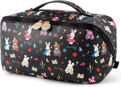 Travel Makeup Bag for Women, Large Cosmetic Organizer with Open-Flat Design, Clear Divider & Handle - Waterproof PU Leather Toiletry Case (Floral Pattern)