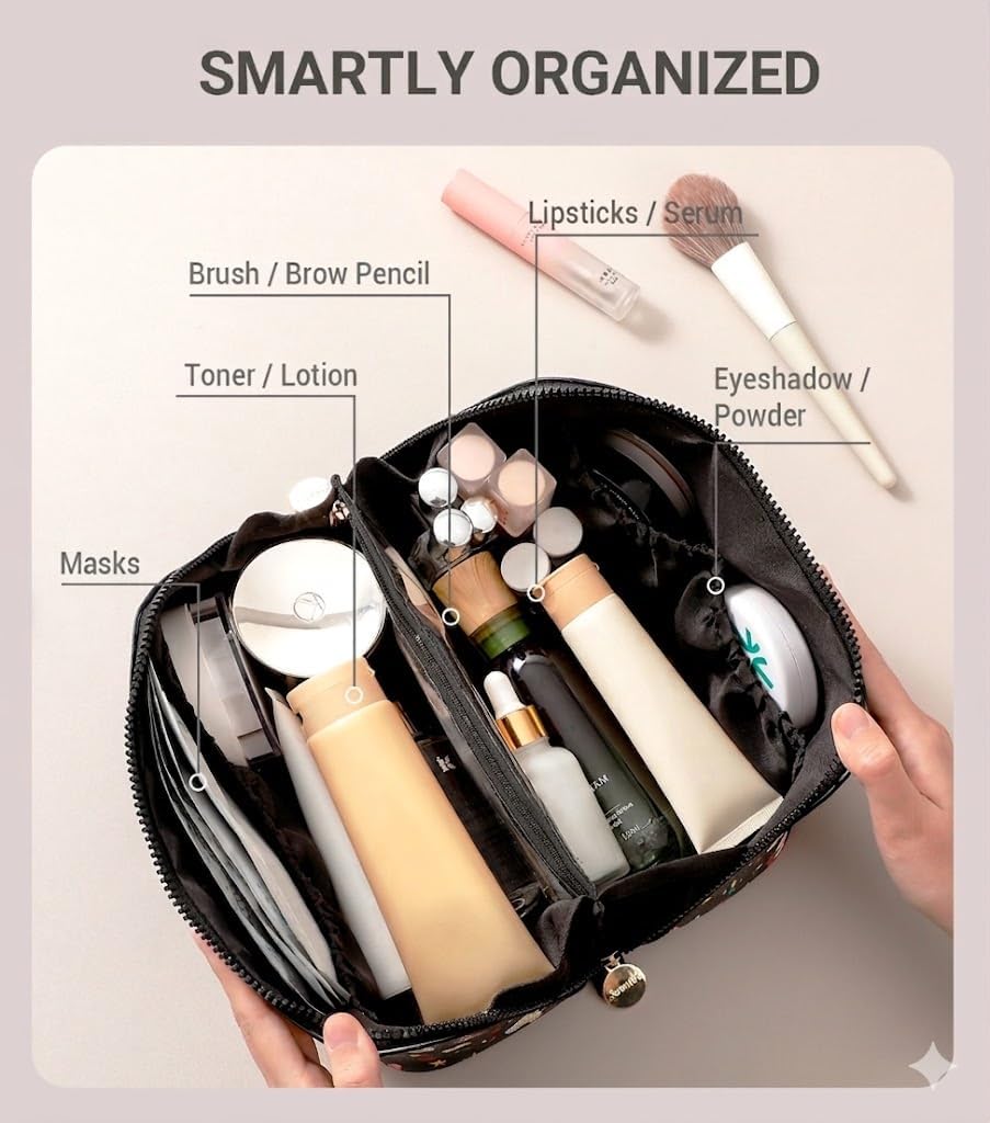 Travel Makeup Bag for Women, Large Cosmetic Organizer with Open-Flat Design, Clear Divider & Handle - Waterproof PU Leather Toiletry Case (Floral Pattern)