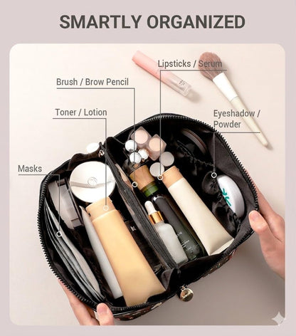 Travel Makeup Bag for Women, Large Cosmetic Organizer with Open-Flat Design, Clear Divider & Handle - Waterproof PU Leather Toiletry Case (Floral Pattern)
