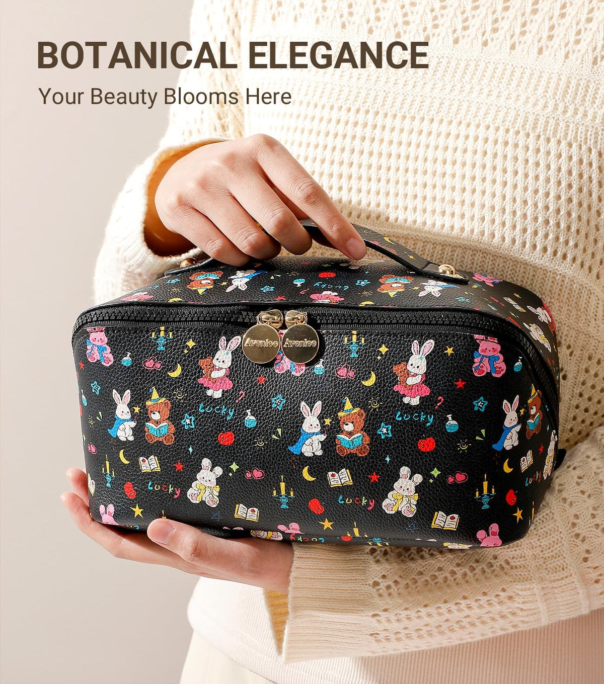 Travel Makeup Bag for Women, Large Cosmetic Organizer with Open-Flat Design, Clear Divider & Handle - Waterproof PU Leather Toiletry Case (Floral Pattern)
