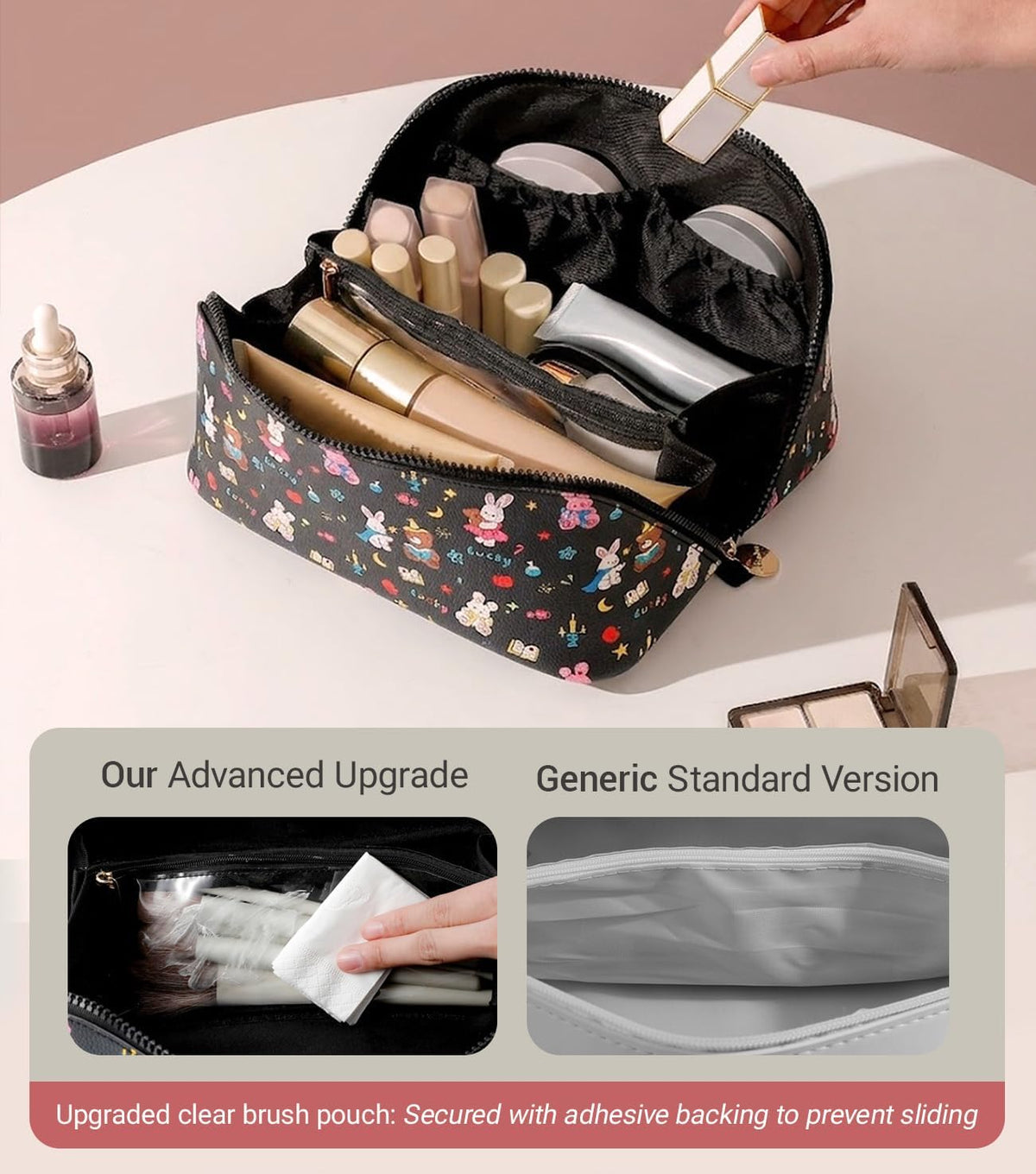 Travel Makeup Bag for Women, Large Cosmetic Organizer with Open-Flat Design, Clear Divider & Handle - Waterproof PU Leather Toiletry Case (Floral Pattern)
