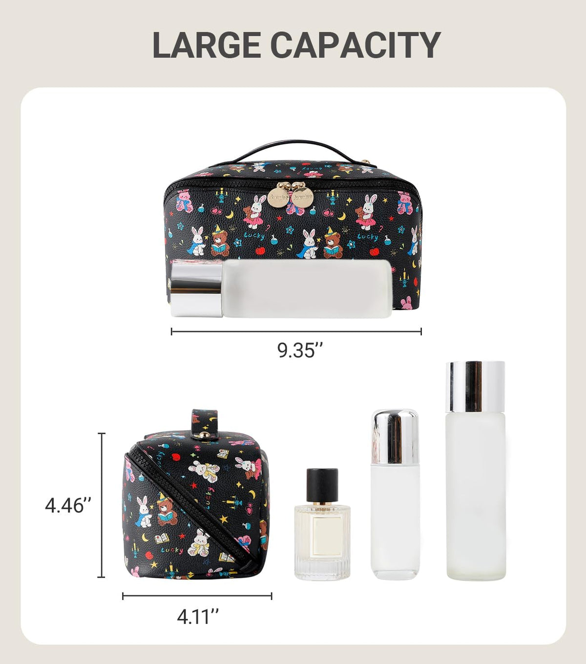 Travel Makeup Bag for Women, Large Cosmetic Organizer with Open-Flat Design, Clear Divider & Handle - Waterproof PU Leather Toiletry Case (Floral Pattern)
