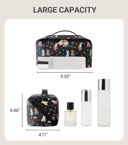Travel Makeup Bag for Women, Large Cosmetic Organizer with Open-Flat Design, Clear Divider & Handle - Waterproof PU Leather Toiletry Case (Floral Pattern)
