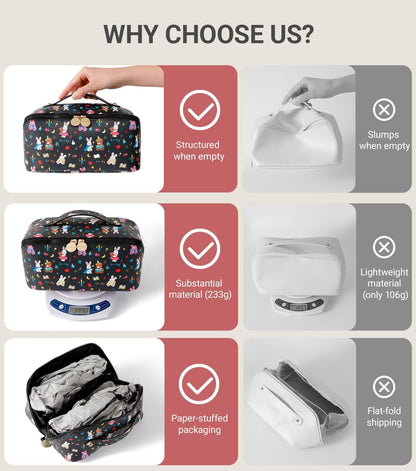 Travel Makeup Bag for Women, Large Cosmetic Organizer with Open-Flat Design, Clear Divider & Handle - Waterproof PU Leather Toiletry Case (Floral Pattern)