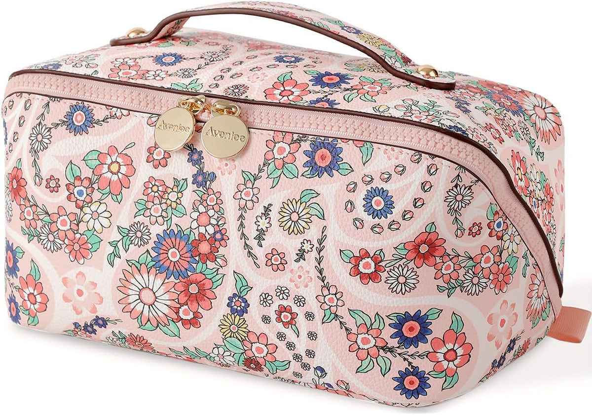 Travel Makeup Bag for Women, Large Cosmetic Organizer with Open-Flat Design, Clear Divider & Handle - Waterproof PU Leather Toiletry Case (Floral Pattern)