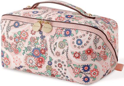 Travel Makeup Bag for Women, Large Cosmetic Organizer with Open-Flat Design, Clear Divider & Handle - Waterproof PU Leather Toiletry Case (Floral Pattern)
