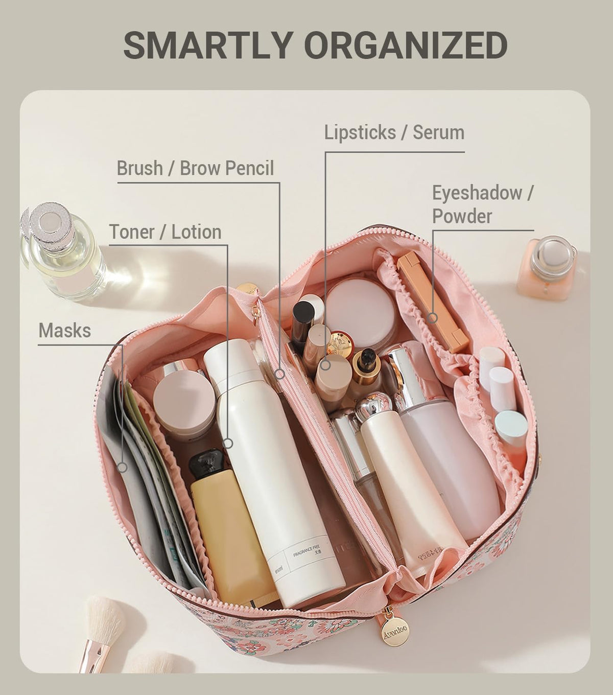 Travel Makeup Bag for Women, Large Cosmetic Organizer with Open-Flat Design, Clear Divider & Handle - Waterproof PU Leather Toiletry Case (Floral Pattern)
