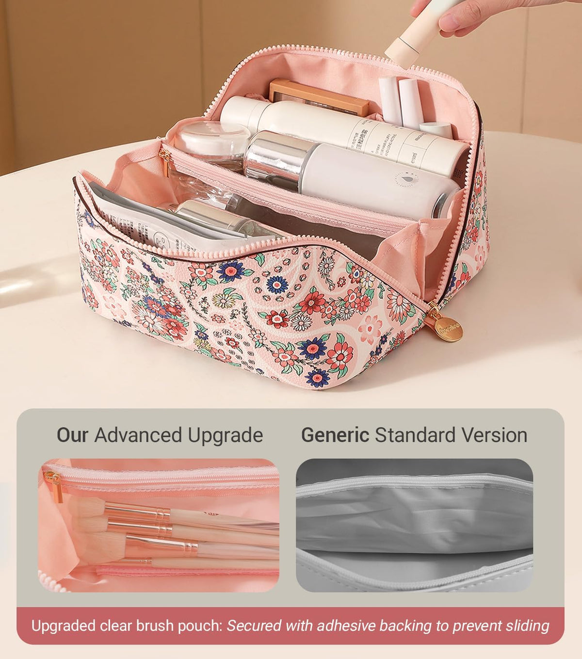Travel Makeup Bag for Women, Large Cosmetic Organizer with Open-Flat Design, Clear Divider & Handle - Waterproof PU Leather Toiletry Case (Floral Pattern)