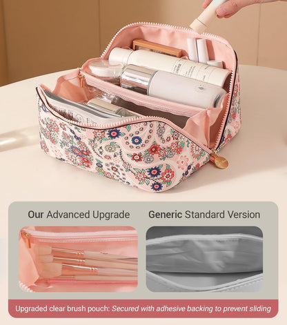 Travel Makeup Bag for Women, Large Cosmetic Organizer with Open-Flat Design, Clear Divider & Handle - Waterproof PU Leather Toiletry Case (Floral Pattern)