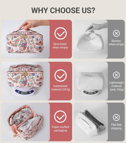 Travel Makeup Bag for Women, Large Cosmetic Organizer with Open-Flat Design, Clear Divider & Handle - Waterproof PU Leather Toiletry Case (Floral Pattern)