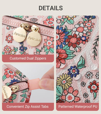 Travel Makeup Bag for Women, Large Cosmetic Organizer with Open-Flat Design, Clear Divider & Handle - Waterproof PU Leather Toiletry Case (Floral Pattern)