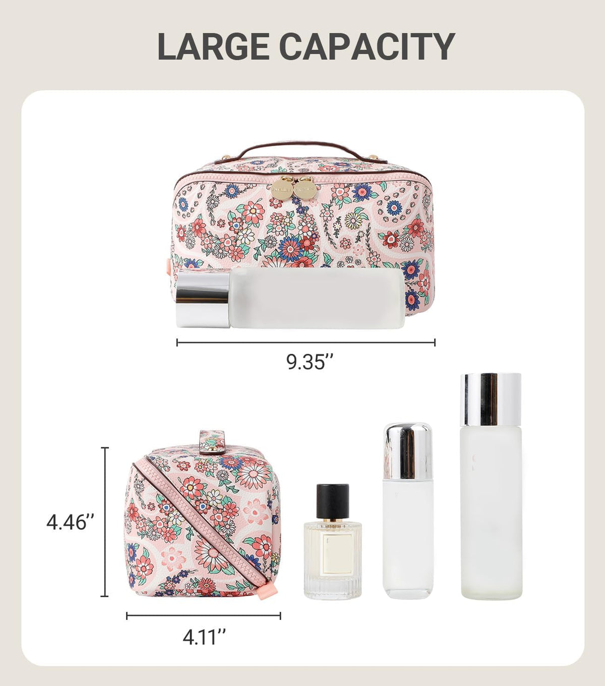 Travel Makeup Bag for Women, Large Cosmetic Organizer with Open-Flat Design, Clear Divider & Handle - Waterproof PU Leather Toiletry Case (Floral Pattern)