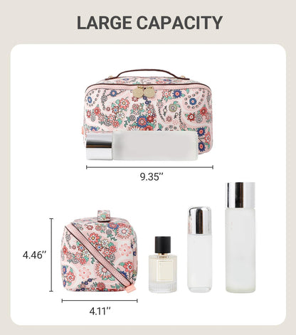 Travel Makeup Bag for Women, Large Cosmetic Organizer with Open-Flat Design, Clear Divider & Handle - Waterproof PU Leather Toiletry Case (Floral Pattern)