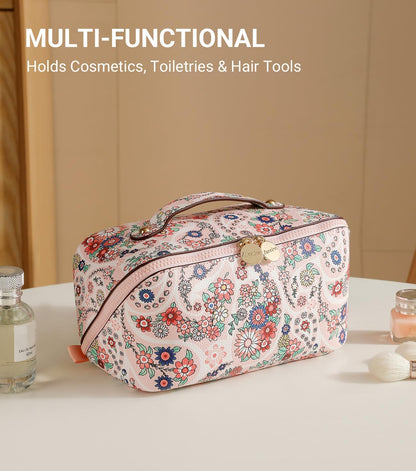Travel Makeup Bag for Women, Large Cosmetic Organizer with Open-Flat Design, Clear Divider & Handle - Waterproof PU Leather Toiletry Case (Floral Pattern)