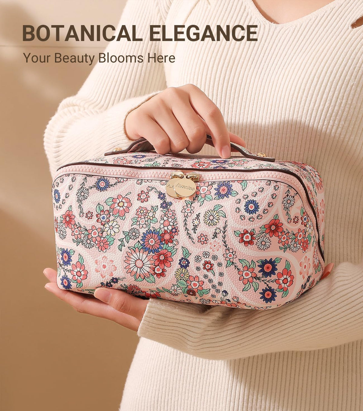 Travel Makeup Bag for Women, Large Cosmetic Organizer with Open-Flat Design, Clear Divider & Handle - Waterproof PU Leather Toiletry Case (Floral Pattern)