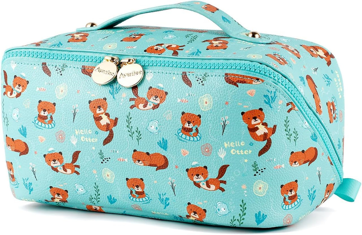 Travel Makeup Bag for Women, Large Cosmetic Organizer with Open-Flat Design, Clear Divider & Handle - Waterproof PU Leather Toiletry Case (Floral Pattern)