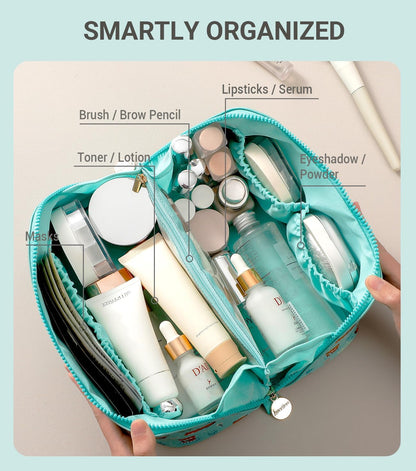 Travel Makeup Bag for Women, Large Cosmetic Organizer with Open-Flat Design, Clear Divider & Handle - Waterproof PU Leather Toiletry Case (Floral Pattern)