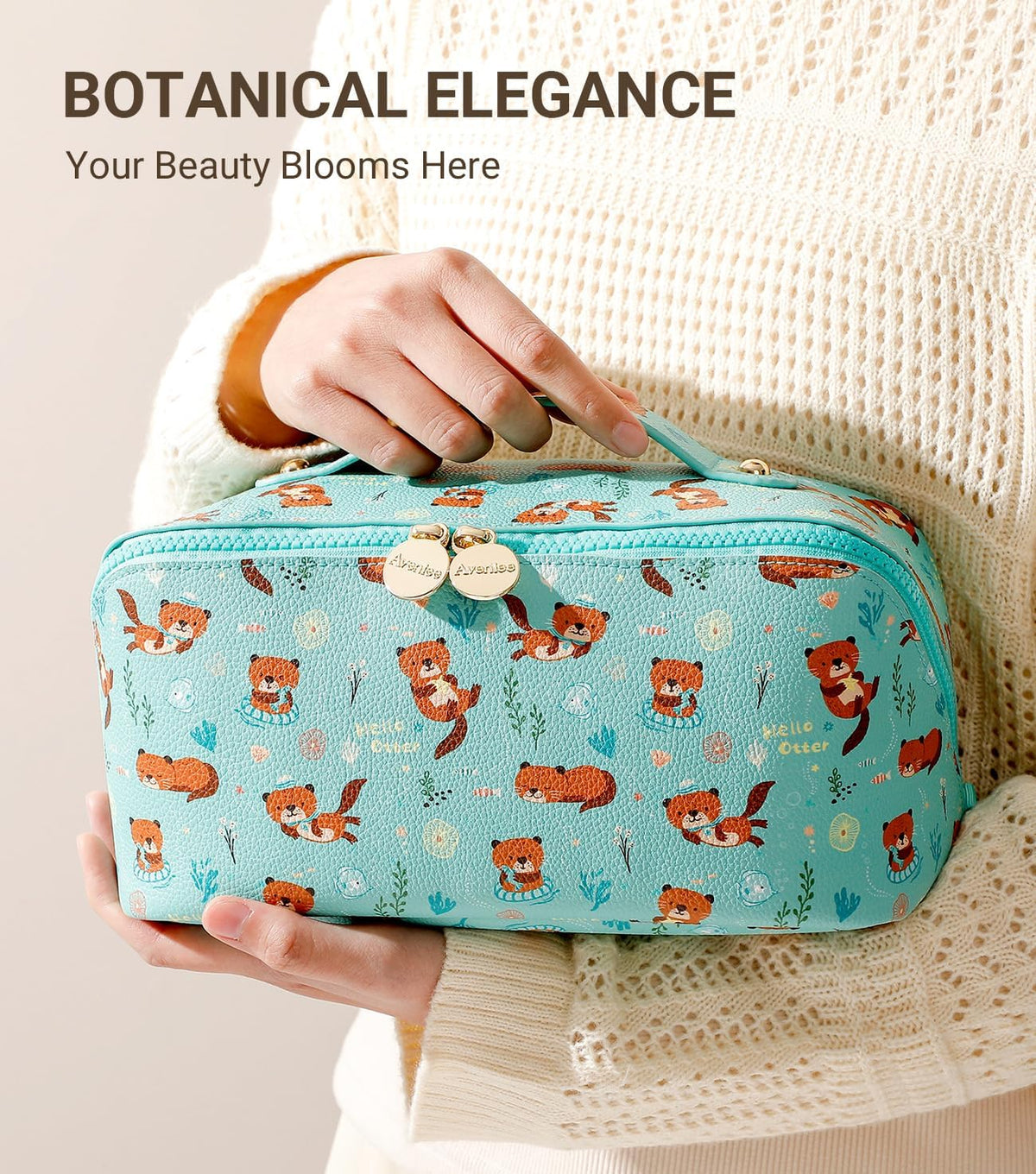 Travel Makeup Bag for Women, Large Cosmetic Organizer with Open-Flat Design, Clear Divider & Handle - Waterproof PU Leather Toiletry Case (Floral Pattern)