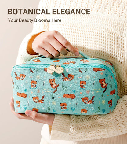 Travel Makeup Bag for Women, Large Cosmetic Organizer with Open-Flat Design, Clear Divider & Handle - Waterproof PU Leather Toiletry Case (Floral Pattern)