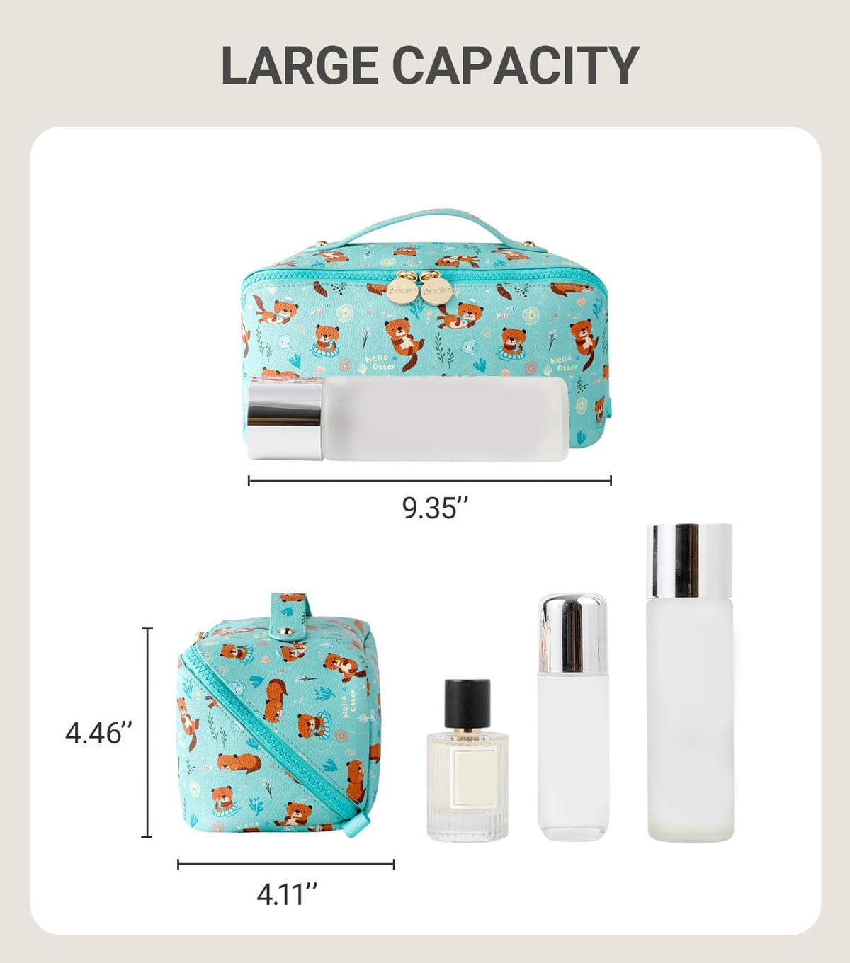 Travel Makeup Bag for Women, Large Cosmetic Organizer with Open-Flat Design, Clear Divider & Handle - Waterproof PU Leather Toiletry Case (Floral Pattern)