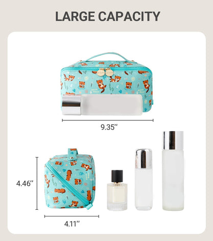 Travel Makeup Bag for Women, Large Cosmetic Organizer with Open-Flat Design, Clear Divider & Handle - Waterproof PU Leather Toiletry Case (Floral Pattern)