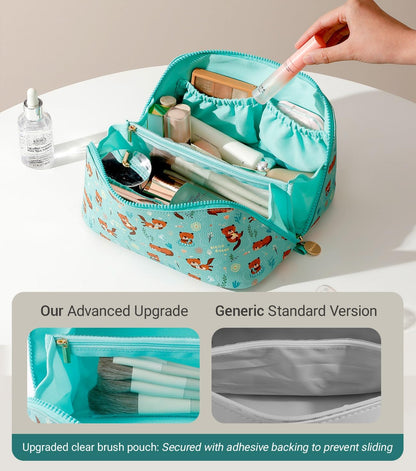 Travel Makeup Bag for Women, Large Cosmetic Organizer with Open-Flat Design, Clear Divider & Handle - Waterproof PU Leather Toiletry Case (Floral Pattern)
