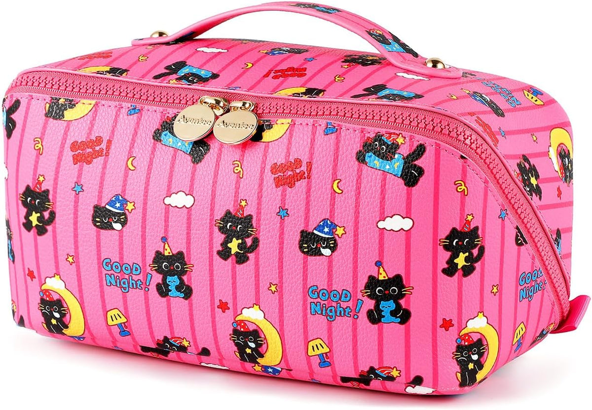 Travel Makeup Bag for Women, Large Cosmetic Organizer with Open-Flat Design, Clear Divider & Handle - Waterproof PU Leather Toiletry Case (Floral Pattern)