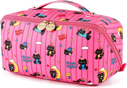 Travel Makeup Bag for Women, Large Cosmetic Organizer with Open-Flat Design, Clear Divider & Handle - Waterproof PU Leather Toiletry Case (Floral Pattern)