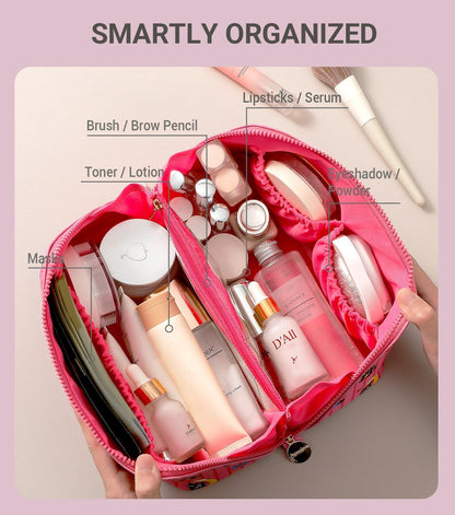 Travel Makeup Bag for Women, Large Cosmetic Organizer with Open-Flat Design, Clear Divider & Handle - Waterproof PU Leather Toiletry Case (Floral Pattern)