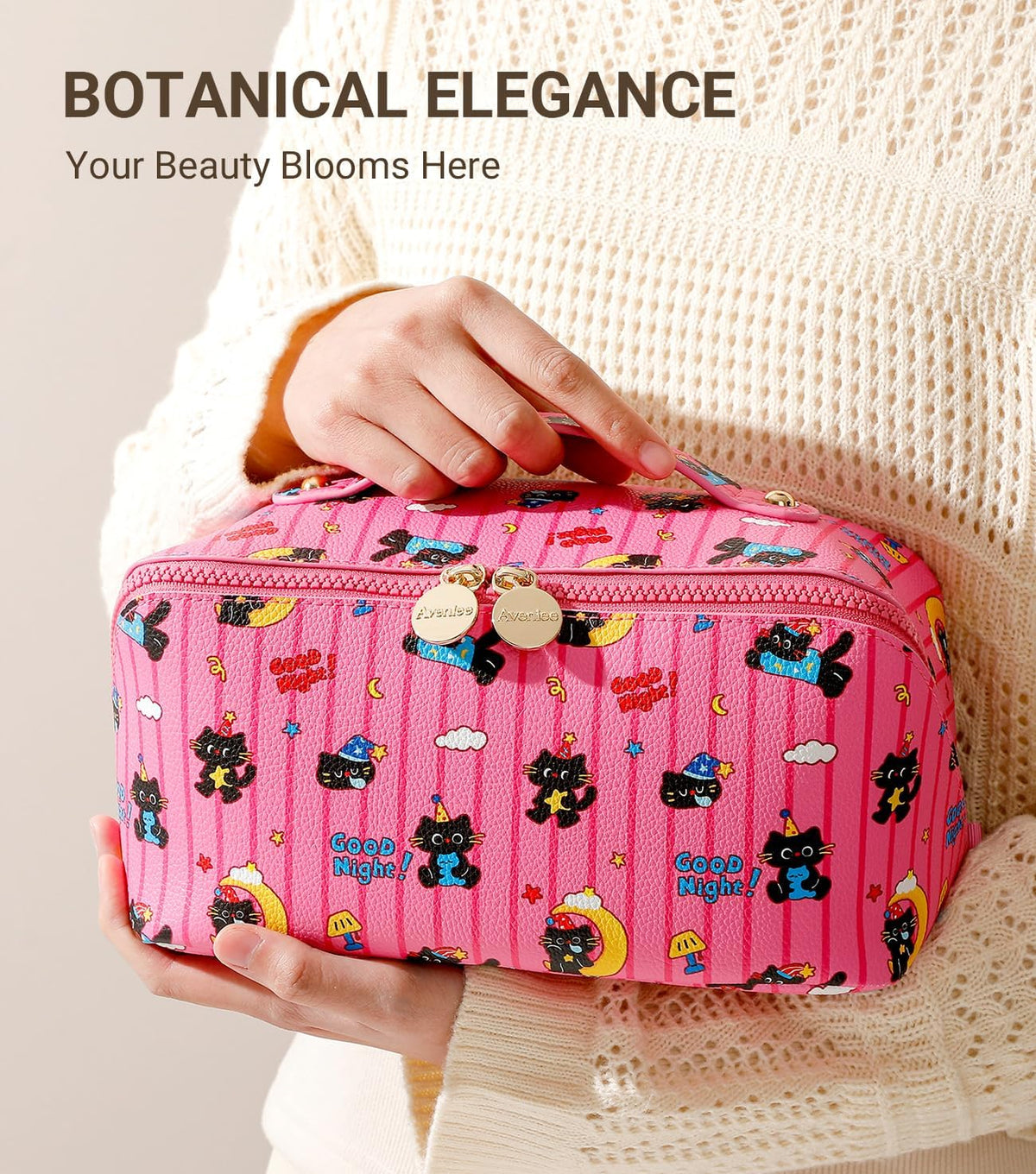 Travel Makeup Bag for Women, Large Cosmetic Organizer with Open-Flat Design, Clear Divider & Handle - Waterproof PU Leather Toiletry Case (Floral Pattern)
