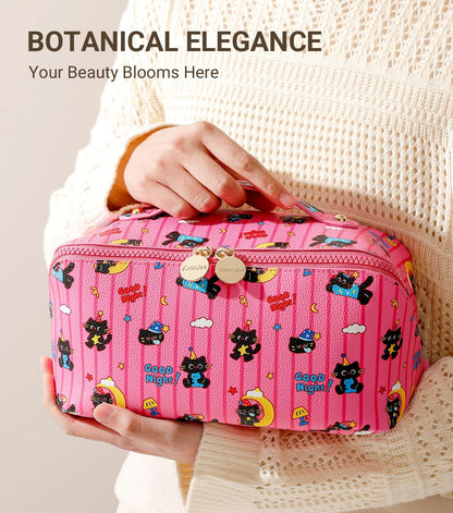 Travel Makeup Bag for Women, Large Cosmetic Organizer with Open-Flat Design, Clear Divider & Handle - Waterproof PU Leather Toiletry Case (Floral Pattern)
