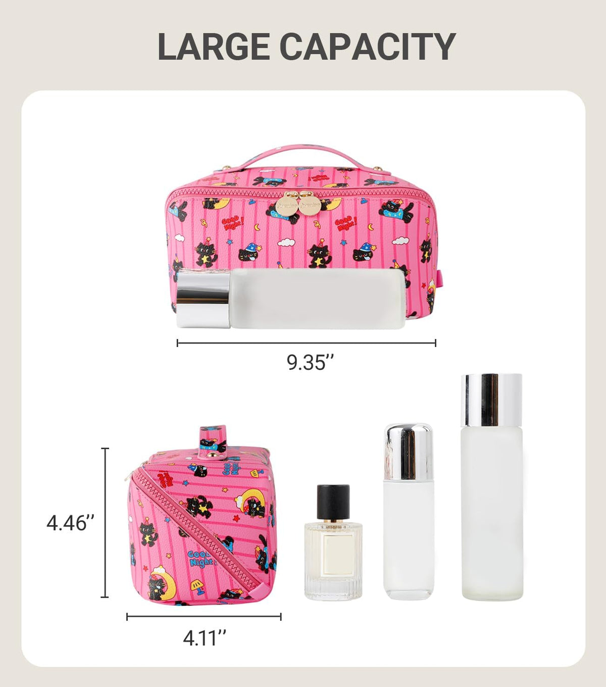 Travel Makeup Bag for Women, Large Cosmetic Organizer with Open-Flat Design, Clear Divider & Handle - Waterproof PU Leather Toiletry Case (Floral Pattern)
