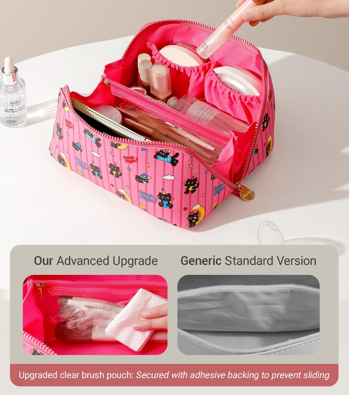 Travel Makeup Bag for Women, Large Cosmetic Organizer with Open-Flat Design, Clear Divider & Handle - Waterproof PU Leather Toiletry Case (Floral Pattern)