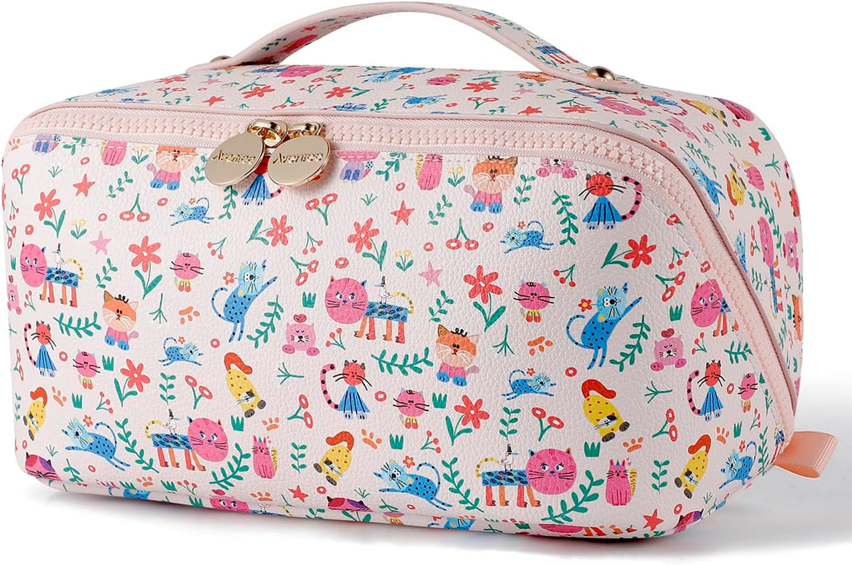 Travel Makeup Bag for Women, Large Cosmetic Organizer with Open-Flat Design, Clear Divider & Handle - Waterproof PU Leather Toiletry Case (Floral Pattern)