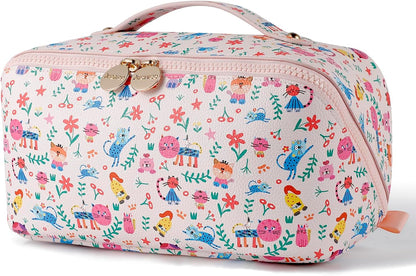 Travel Makeup Bag for Women, Large Cosmetic Organizer with Open-Flat Design, Clear Divider & Handle - Waterproof PU Leather Toiletry Case (Floral Pattern)