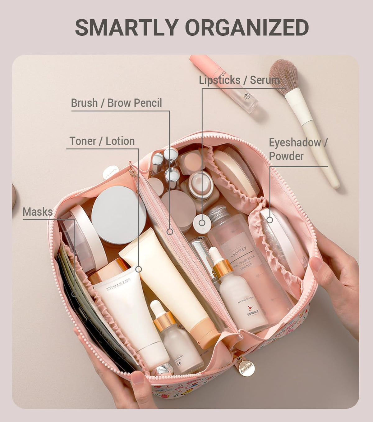 Travel Makeup Bag for Women, Large Cosmetic Organizer with Open-Flat Design, Clear Divider & Handle - Waterproof PU Leather Toiletry Case (Floral Pattern)