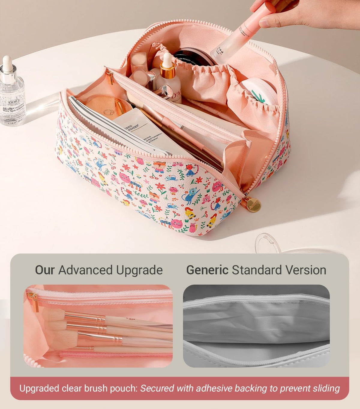 Travel Makeup Bag for Women, Large Cosmetic Organizer with Open-Flat Design, Clear Divider & Handle - Waterproof PU Leather Toiletry Case (Floral Pattern)