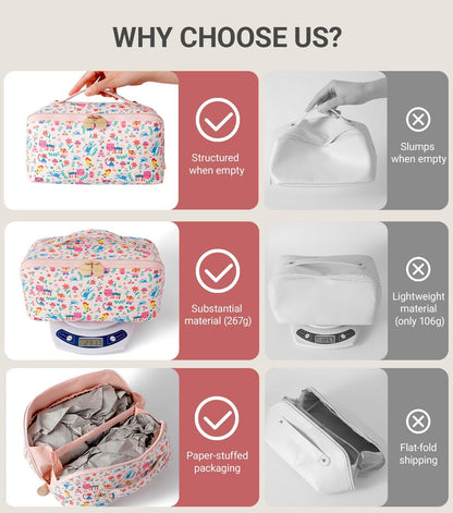 Travel Makeup Bag for Women, Large Cosmetic Organizer with Open-Flat Design, Clear Divider & Handle - Waterproof PU Leather Toiletry Case (Floral Pattern)