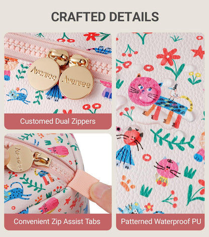 Travel Makeup Bag for Women, Large Cosmetic Organizer with Open-Flat Design, Clear Divider & Handle - Waterproof PU Leather Toiletry Case (Floral Pattern)